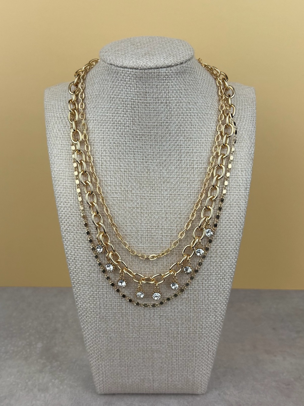 Golden Radiance Triple-Layered Crystal Charm Necklace